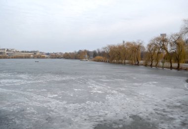 Donmuş kış göl ve etrafındaki, doğal buz pateni pisti ağaçlarla