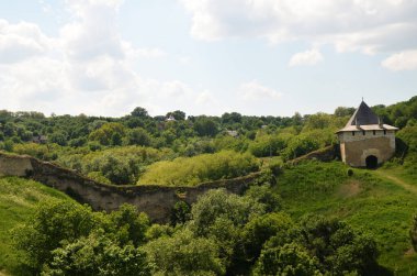 Ağaçlara ve çalılıklara gömülmüş eski ortaçağ kalesinin büyük duvarı