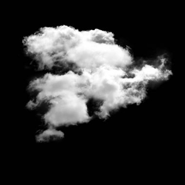 Siyah arkaplan üzerinde izole edilmiş tek beyaz bulut, 3D görüntüleme yüksek çözünürlüklü bulut çizimi