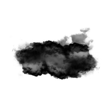 Beyaz zemin üzerinde izole edilmiş siyah duman bulutu. 3 boyutlu illüstrasyon, toprak veya toz şekli, ateşten çıkan doğal duman.