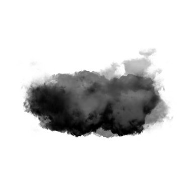 Beyaz zemin üzerinde izole edilmiş siyah duman bulutu. 3 boyutlu illüstrasyon, toprak veya toz şekli, ateşten çıkan doğal duman.