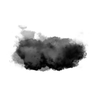 Beyaz zemin üzerinde izole edilmiş siyah duman bulutu. 3 boyutlu illüstrasyon, toprak veya toz şekli, ateşten çıkan doğal duman.