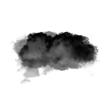 Beyaz zemin üzerinde izole edilmiş siyah duman bulutu. 3 boyutlu illüstrasyon, toprak veya toz şekli, ateşten çıkan doğal duman.