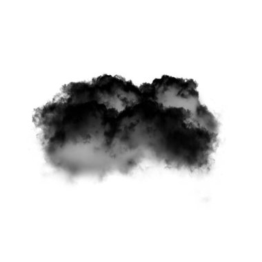 Beyaz zemin üzerinde izole edilmiş siyah duman bulutu. 3 boyutlu illüstrasyon, toprak veya toz şekli, ateşten çıkan doğal duman.