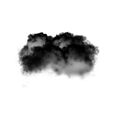 Beyaz zemin üzerinde izole edilmiş siyah duman bulutu. 3 boyutlu illüstrasyon, toprak veya toz şekli, ateşten çıkan doğal duman.
