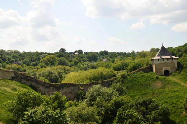 Ağaçlara ve çalılıklara gömülmüş eski ortaçağ kalesinin büyük duvarı