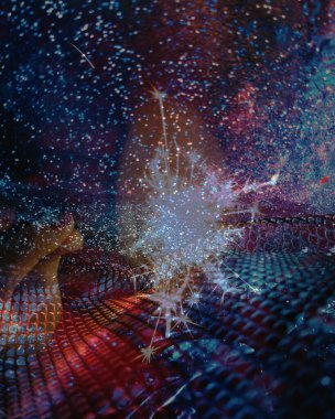 Soyut ışıltılı arka plan deseni, kutlama duvar kağıdı, sunum kapağı. Canlı renkler, şenlikli duvar kâğıdı çizimi