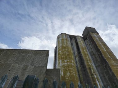 Simetrik Yüzünde Kümülüs Bulutları ve Ağaçları olan Şehir Kulesi Bloğu