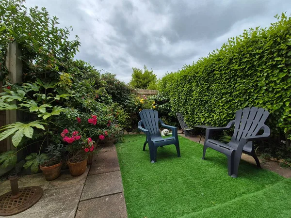 Arka Bahçe Yeşillik Bulutlu Gökyüzü Altında Çiçekler ve Ev Planı