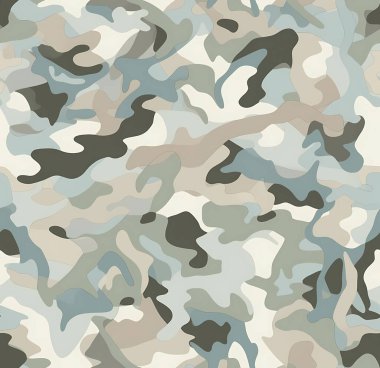 Katmanlı organik şekiller ve doğal renk tonlarından oluşan kusursuz kamuflaj deseni. Bu yinelenen desen tekstil tasarımı, moda, ambalaj, dijital arkaplan, askeri tarz grafikler ve yüzey tasarım projeleri için uygundur.