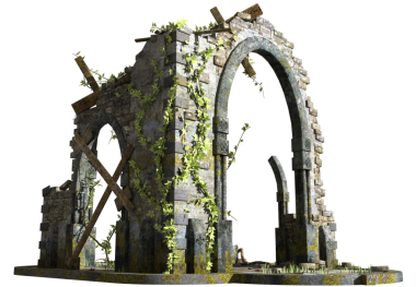 Şeffaf bir arka planda terk edilmiş eski bir harabe. Yıpranmış duvarlar, hasarlı yapı ve eski dokular tasarım projeleri, dijital kolaj, oyun ortamları ve kıyamet sonrası sahneler için uygun dramatik bir element oluşturur..