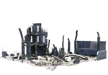 Şeffaf bir arka planda terk edilmiş eski bir harabe. Yıpranmış duvarlar, hasarlı yapı ve eski dokular tasarım projeleri, dijital kolaj, oyun ortamları ve kıyamet sonrası sahneler için uygun dramatik bir element oluşturur..