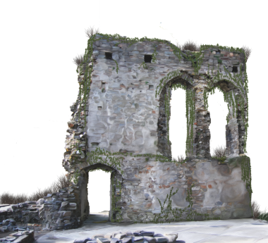Şeffaf bir arka planda terk edilmiş eski bir harabe. Yıpranmış duvarlar, hasarlı yapı ve eski dokular tasarım projeleri, dijital kolaj, oyun ortamları ve kıyamet sonrası sahneler için uygun dramatik bir element oluşturur..