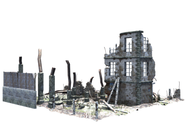 Şeffaf bir arka planda terk edilmiş eski bir harabe. Yıpranmış duvarlar, hasarlı yapı ve eski dokular tasarım projeleri, dijital kolaj, oyun ortamları ve kıyamet sonrası sahneler için uygun dramatik bir element oluşturur..