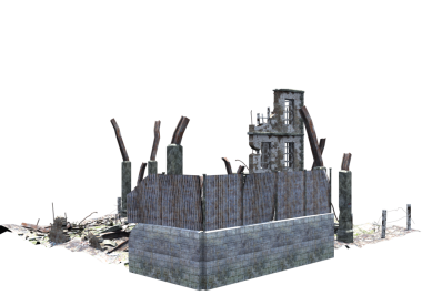 Şeffaf bir arka planda terk edilmiş eski bir harabe. Yıpranmış duvarlar, hasarlı yapı ve eski dokular tasarım projeleri, dijital kolaj, oyun ortamları ve kıyamet sonrası sahneler için uygun dramatik bir element oluşturur..