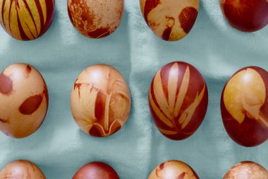 Paskalya yumurtalarında doğal soğan derisi boyası kullanılarak el yapımı Ukrayna Slav desenleri kullanılır. Açık mavi bir kumaşın üzerine yerleştirilen yumurtalar kahverengi ve bej renklerin değişik tonlarıyla karışık tasarımlar sergiliyor. Her yumurta eşsiz ve soyut bir çiçek sergiler.