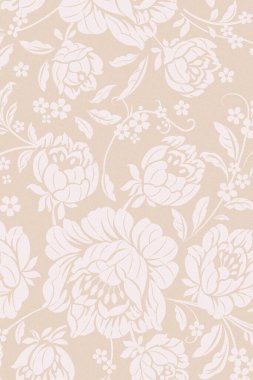 Beyaz tozlu, pembe şekilli şakayık desenleri ve bej rengi kumlu arka planda gülleri olan dijitalsiz çiçek deseni. Zarif romantik siluet tarzı. Duvar kağıdı, tekstil, düğün ambalajı, kırtasiye ve moda için elverişli.