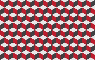 Koyu gri, açık gri ve kırmızı renklerde üç boyutlu küp şeklindeki düzenleme arkaplanı. Soyut geometrik kalıp arkaplanı.