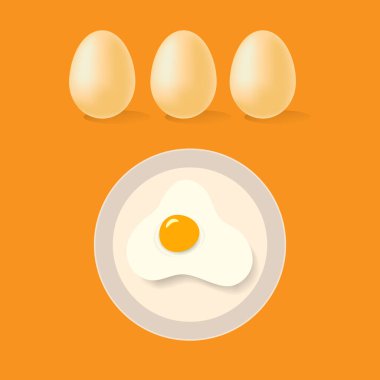 Üç yumurtanın grafiksel tasarımı ve turuncu arka planda bir tabakta ya da kızarmış yumurta..