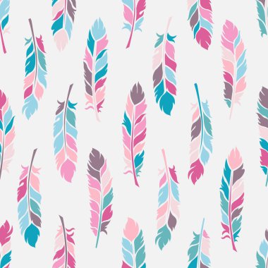 Beyaz arka planda çeşitli renklerde, pembe, yeşil, mavi ve gri renklerde, kumaşlara, duvar kağıdına veya diğer dekoratif uygulamalara uygun, kusursuz desenli tüyler..