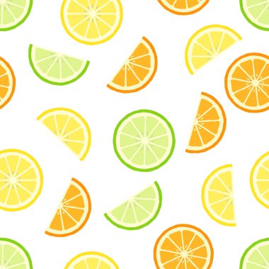 Limonlar, portakallar ve limonlar da dahil olmak üzere çeşitli dilimlenmiş turunçgillerin kusursuz desenleri beyaz arka planda. Genellikle çeşitli dekoratif amaçlar için kullanılır..