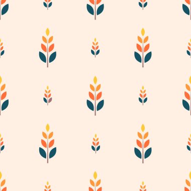 Açık turuncu arka planda koyu mavi ve turuncu renkte, kumaş, tekstil, giysi, ambalaj kağıdı, ev dekorasyonu için soyut, dikişsiz desen..