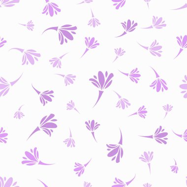 Beyaz zemin üzerinde mor ve leylak renkleri olan soyut çiçekli desen, duvar kağıdı kumaşı, tekstil, giysi, ambalaj kağıdı, kapak, ev dekorasyonu için.