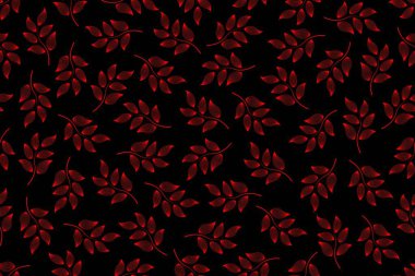 Siyah bir zemin üzerinde kırmızı çizgilerle biçimlendirilmiş yaprakların soyut ve pürüzsüz desenli tasarımı arka plan, tekstil, ambalaj kağıdı ve diğer dekoratif amaçlar için kullanılabilir..