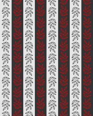Arkaplan, tekstil, ambalaj kağıdı ve diğer dekoratif uygulamalar için, gri ve kırmızı renklerde biçimlendirilmiş yaprak tasarımları ile, beyaz ve siyahın değişken dikey çizgilerinin kusursuz deseni kullanılabilir..