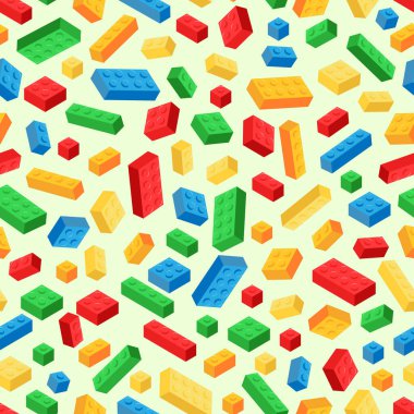 Renkli, dağınık plastik oyuncakların kusursuz desenleri. Kırmızı, yeşil, mavi, turuncu ve sarı renkli yapı taşları. Açık sarı arka planda..