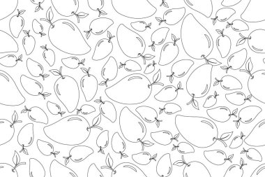 Mangoların soyut çizimi, ana hatları, kusursuz desenler, beyaz arkaplanda siyah çizgiler..