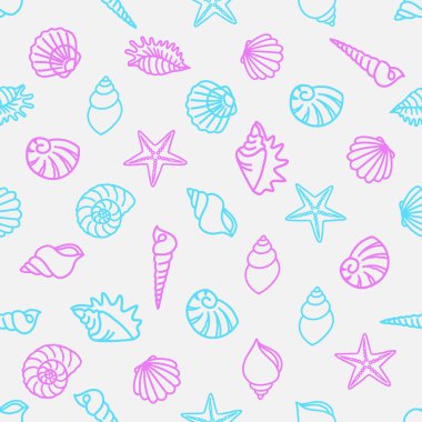 Açık gri arkaplan üzerinde pembe ve mavi çizgileri olan çeşitli deniz kabukları ve deniz yıldızlarının kusursuz desenleri, genellikle arka plan, tekstil ve diğer dekoratif uygulamalar için kullanılır..