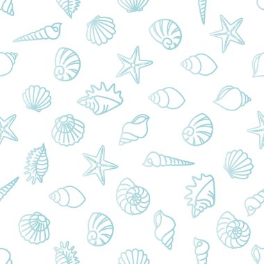 Beyaz bir zemin üzerinde açık mavi çizgili çeşitli deniz kabukları ve deniz yıldızlarının kusursuz desenleri, genellikle arka plan, tekstil ve diğer dekoratif amaçlar için kullanılır..