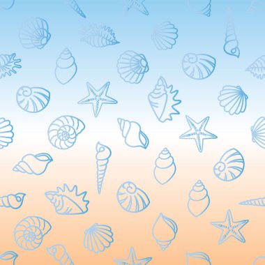 Arkaplan, tekstil ve diğer dekoratif amaçlar için kullanılan mavi ve turuncu renkli arka planda çeşitli deniz yıldızlarının kusursuz desenleri..