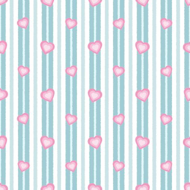 Dikey mavi ve beyaz çizgileri olan, dağınık pembe kalplerle süslenmiş kusursuz bir desen. Sevgililer Günü, hediye paketi, tekstil, duvar kağıtları ve sevimli dekoratif projeler için kullanılabilir..