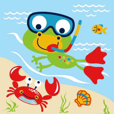 Deniz hayvanlarıyla yüzen dalgıç gözlüklü kurbağa vektör karikatürü.