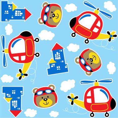 Komik ayı pilotlu helikopter, binalar ve bulutlar şablon arka plan tarzında, vektör karikatür çizimi