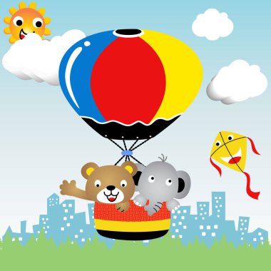 Sevimli ayı ve fil sıcak hava balonuyla çevrili, mavi gökyüzünde gülümseyen güneş, vektör karikatür çizimi