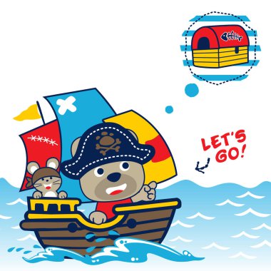 Korsan kostümlü komik ayı ve farelerin vektör karikatürü hazine sandıklı yelkenli teknede