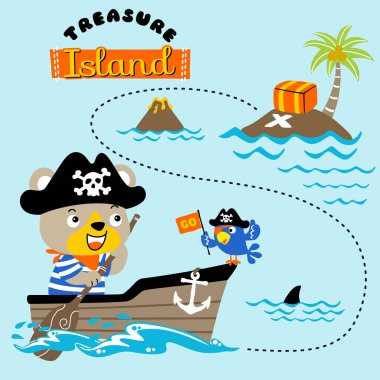 Korsan kostümlü komik ayı, sandalda papağan, korsan yelken unsurları, vektör karikatür çizimleri.