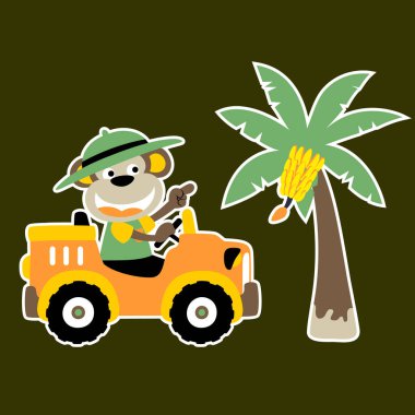 Şirin maymun sürücü arabası, muz ağacı, vektör karikatür çizimi