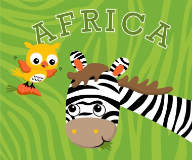 Çizgili arka planda zebra için havuç taşıyan komik baykuş. Vektör çizgi film illüstrasyonu