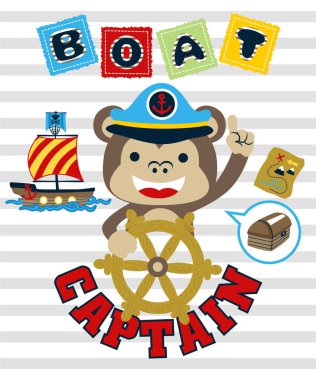 Denizci şapkalı şirin maymun çizgi filmi direksiyon tutuşu, yelken elemanları çizgi filmi