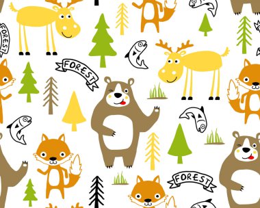 Elin kusursuz şekli, komik hayvan karikatürü, orman elementleri çizimi.