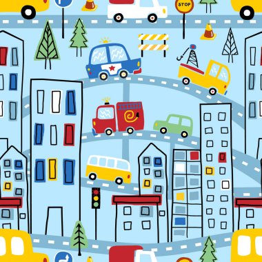 Elle çizilmiş şehir karikatürünün kusursuz desenli vektörü, şehir trafik elemanları illüstrasyonu