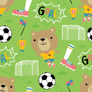 Komik ayıyla futbol oynamanın kusursuz şablon vektörü, futbol oyunu unsurları