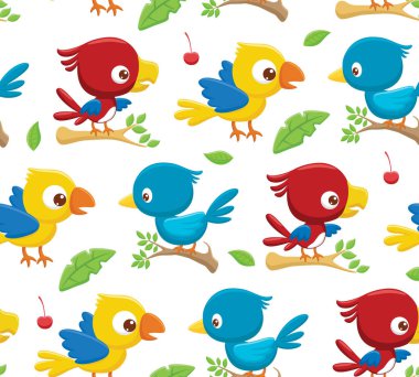 Çizgi film renkli kuşların ağaç dalları, yaprakları ve meyvelerdeki kusursuz desenli vektörü