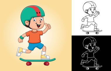Çizgi filmdeki kaykay oynayan küçük çocuğun vektör çizimi