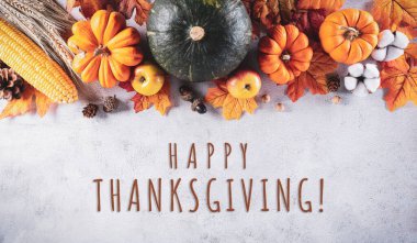 Gri taşlı arka planda balkabağı ve kuru yaprakların Şükran Günü dekorasyonu. Düz konum, kopyalama alanı olan üst görünüm