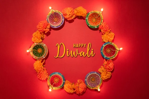 Happy Diwali Clay Diya Lamps Lit Dipavali Hindu Festival Lights — Stock Photo, Image